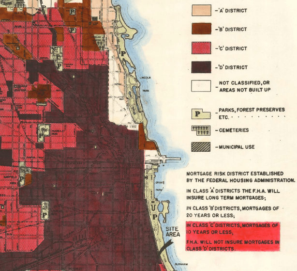 A 1938 FHA map of Chicago. Note the loan guidelines for each color-coded zone on the bottom right.