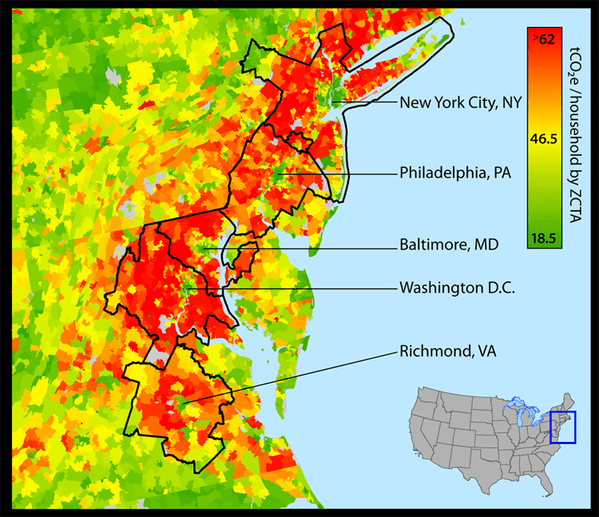 Little islands of low per-capita emissions in dense urban centers. Credit: CoolClimate Network, UC-Berkeley