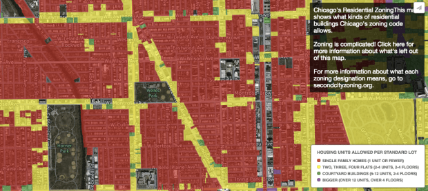The Brown Line runs up the right side of this map, and then west just south of Lawrence; you can see stops labeled "Irving Park - Brown," "Montrose - Brown," and so on. You can also see that none of these stops have any kind of high-density zoning—in fact, most of the surrounding land is zoned single family only. (Click through to get to an interactive map.)
